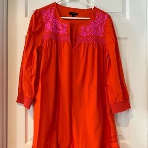JCREW. Bright poppy with neon pink embroidery pop over dress with pockets.